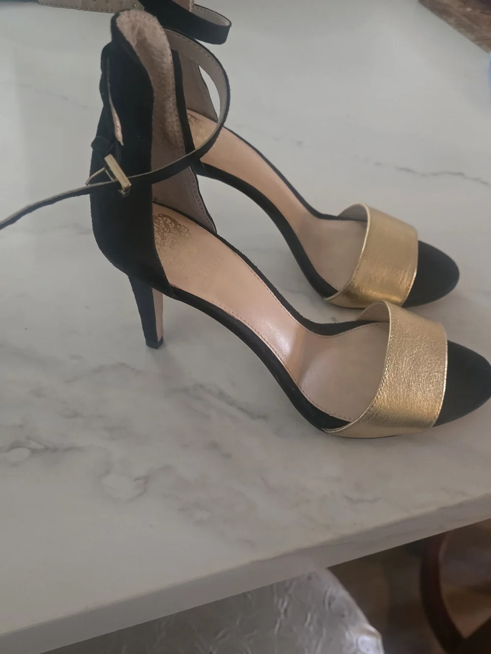 Vince Camuto Black and Gold Open-Toe Ankle-Strap Heels